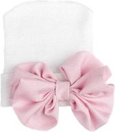 Bonnet de naissance / bonnet bébé / bonnet d'hôpital blanc avec noeud rose brillant - 0 à 1 mois