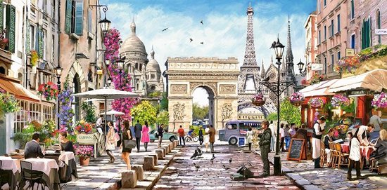 Schilderij van een drukke Parijse straat met de Arc de Triomphe en Eiffeltoren op de achtergrond, cafés en mensen.