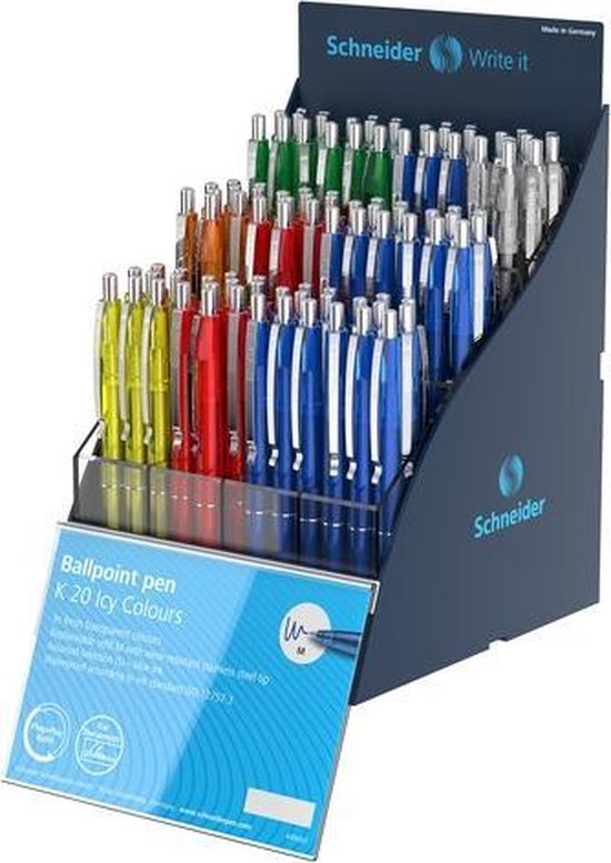 Schneider K20 Icy Colours Balpen – 20 Stuks, Drukmechanisme, Medium Punt, Blauwe Inkt, Transparante Kleurrijke Schachten – Ideaal Voor School En Kantoor