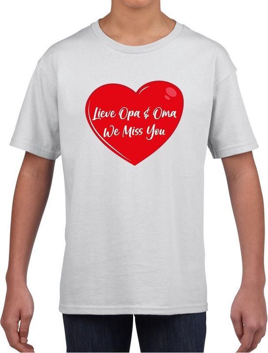 Lieve opa en oma we miss you t-shirt wit met rood hartje voor kinderen - jongens en meisjes - t-shirt / shirtje 122/128