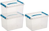 3x Sunware Q-Line opberg boxen/opbergdozen 22 liter 40 x 30 x 26 cm kunststof - A4 formaat opslagbox - Opbergbak kunststof transparant/blauw
