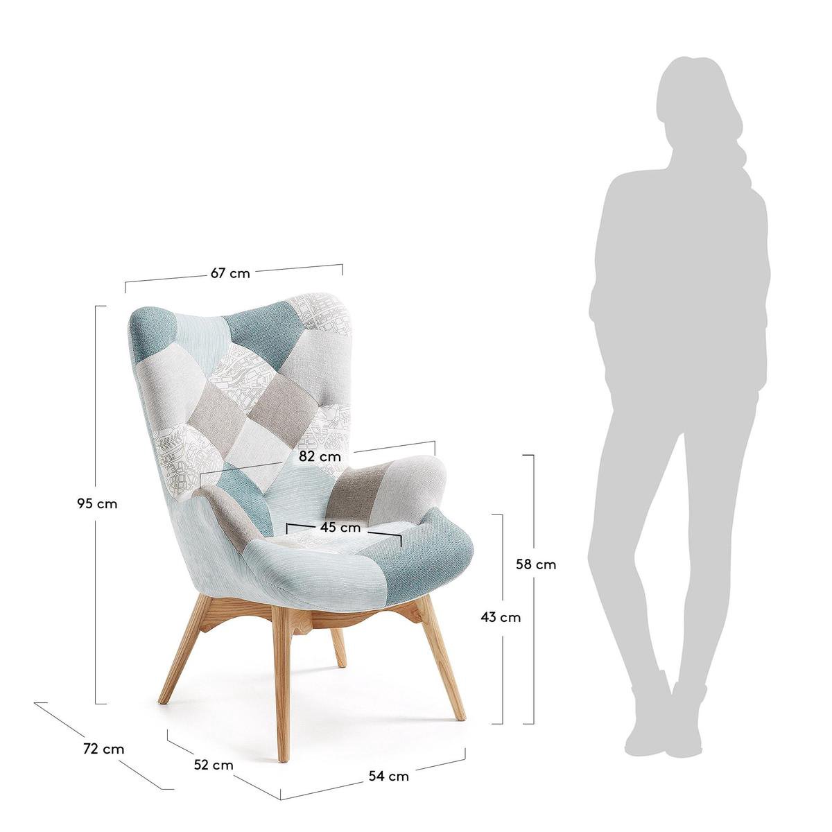 Kave Home - Kody fauteuil met blauw patchwork en massief beukenhouten poten  | bol.com