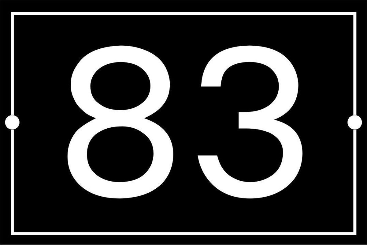 Modern emaille huisnummer zwart, 15x10cm nummer 83