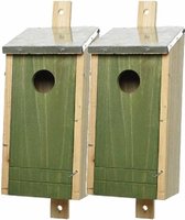 Set van 2 houten vogelhuisjes/nestkastjes met donkergroene voorzijde en metalen dakje 26 cm - Vogelhuisjes tuindecoraties