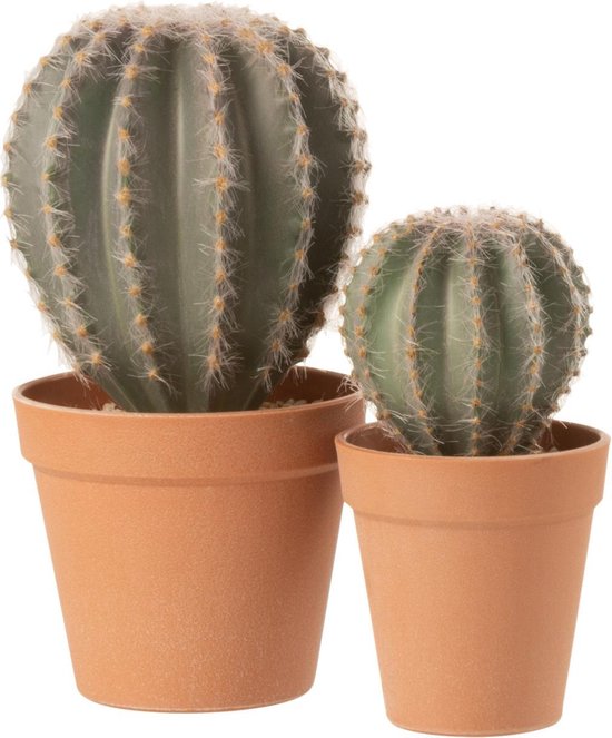 J-Line plant Cactus Bolvormig + Pot - kunststof - groen/terracotta - large