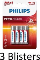 12 Stuks (3 Blisters a 4 st) Philips Power Alkaline AAA