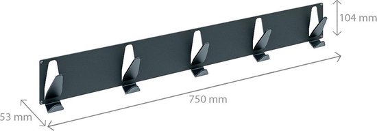 Een zwarte metalen wandkapstok van 750 mm met vijf haken. Afmetingen: 53 mm diep, 104 mm hoog.