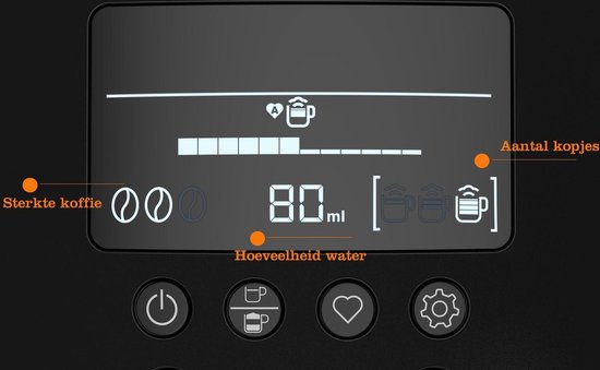 Zwart touchscreen van Krups espressomachine met instellingen voor "Sterkte koffie", "Hoeveelheid water" en "Aantal kopjes".