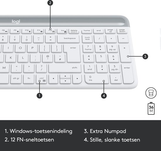Close-up van witte Logitech toetsenbord met numpad en FN-toetsen.