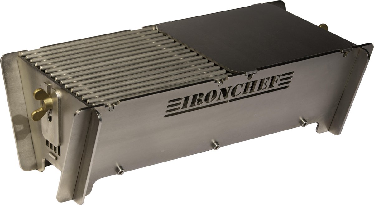 IRONCHEF HOUTSKOOL BARBECUE BBQ-M met rooster en Bakplaat - ideaal voor tuin- camping- of open haard, of balkon - Materiaal: RVS