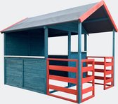 Kinderspeelhuis XL met woongedeelte & veranda in rood / blauw 146x195x156cm