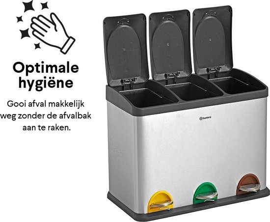 Homra Stephs Prullenbak Afvalscheiding 45 Liter - RVS Prullenbak 3 vakken - Trio Prullenbak 3 X 15 Liter - Pedaalemmer - Vuilnisbak voor huishouden en kantoor - Recycle Vuilbak keuken Afvalemmer - Afvalscheidingsprullenbakken - Afbeelding 7