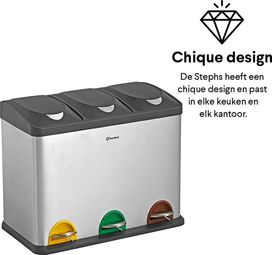 Homra Stephs Prullenbak Afvalscheiding 45 Liter - RVS Prullenbak 3 vakken - Trio Prullenbak 3 X 15 Liter - Pedaalemmer - Vuilnisbak voor huishouden en kantoor - Recycle Vuilbak keuken Afvalemmer - Afvalscheidingsprullenbakken - Afbeelding 8
