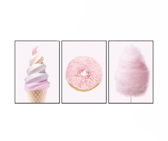 Meidenkamer posters – 3 stuks 30x40 cm – Donut, ijsje & suikerspin
