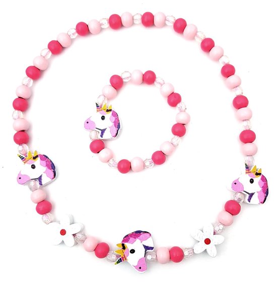 Kinderketting en armband voor meisjes houten kraaltjes roze unicorn en bloemen