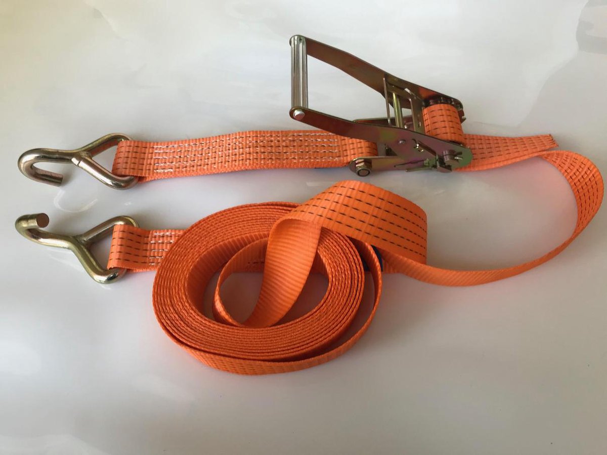 Spanband - Sjorband met ratel en J-haken - Lengte 8 meter - Breedte 50 mm - Capaciteit 5000 kg - Haak = "Vingerhaak" - CE - TÜV gecertificeerd - Geproduceerd conform EN12195-2 - Totaal 2 sets per verpakking