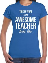 Awesome teacher cadeau t-shirt blauw dames - Juffendag/ einde schooljaar cadeau 2XL