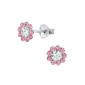 Joy|S - Zilveren kristal bloem roze wit oorbellen 7 mm
