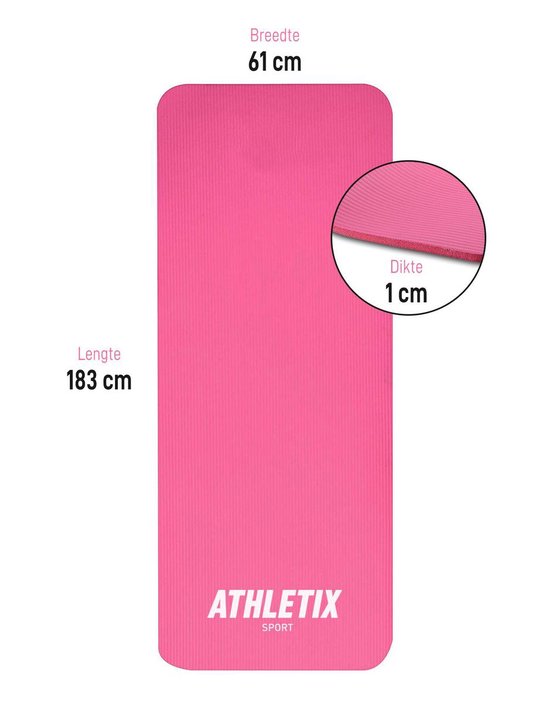 Athletix®‎ Premium NBR Fitnessmat - 183 x 61 x 1 cm - Yogamat met Draagriem en Draagtas - Roze - Athletix®