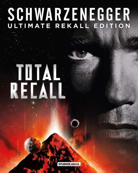 Poster voor 'Total Recall' met Arnold Schwarzenegger, op de achtergrond een planeet en een rode, bergachtige explosie.