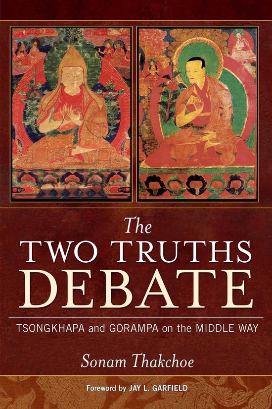 Boekomslag met twee Tibetaanse schilderijen van zittende monniken, met de titel 'The Two Truths Debate'.