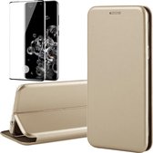Hoesje geschikt voor Samsung Galaxy S20 Ultra - Screen Protector FullGuard - Book Case Leer ThinShield Goud & Screenprotector