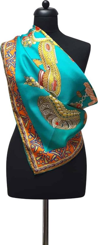 ThannaPhum Luxe zijden sjaal - fel blauw multicolor 85 x 85 cm