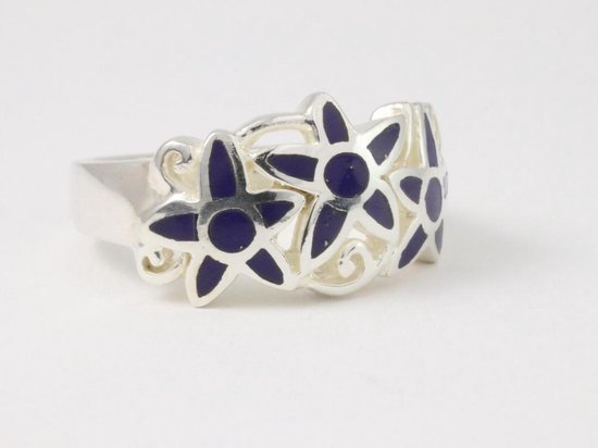 Opengewerkte zilveren ring met lapis lazuli bloemen - maat 19.5