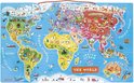 Carte du monde magnétique avec des illustrations colorées d'animaux, de bâtiments et de transports par pays. Inclut 92 aimants.