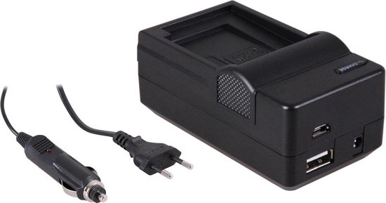 Zwarte digitale acculader met USB-poorten, een EU-stekker en een auto-adapter.
