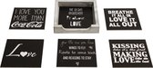 Onderzetters voor glazen - set nr 32 onderleggers - Hout - Leuke onderzetters met tekst , Zwarte , 6 stuks met een houder