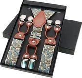 Bretels Heren - 6 Stevige Clips - Blank met Paisley motief - Bruin Leer - 3.5 cm