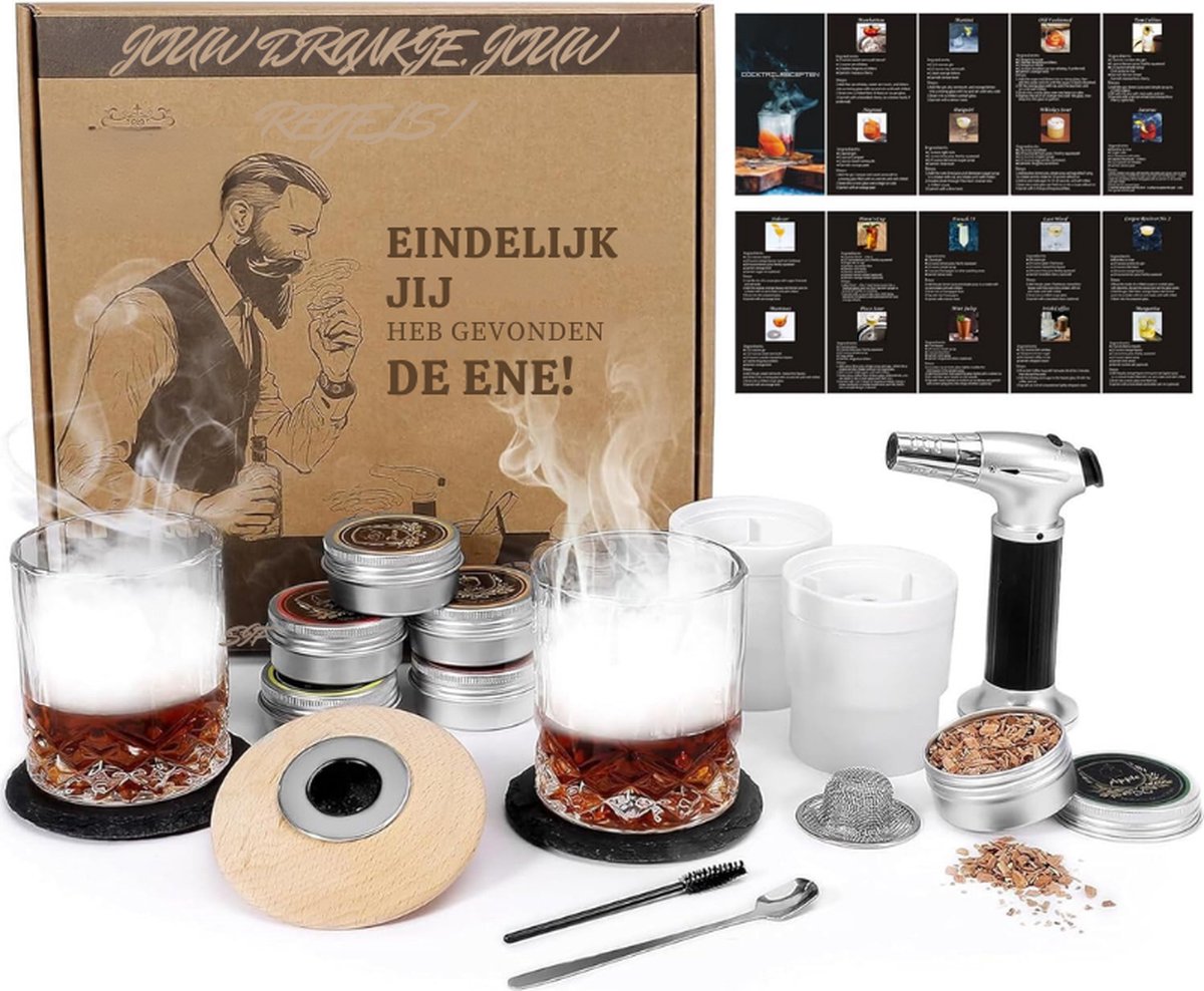 Cocktailrokerset Met Fakkel 6 Smaken Houtsnippers 2 Whiskyglazen Bourbon Rokerset Ouderwetse Drank Whisky Roker Kit Set Verjaardag Whisky Geschenken Voor Mannen Vader Echtgenoot Geen Butaan
