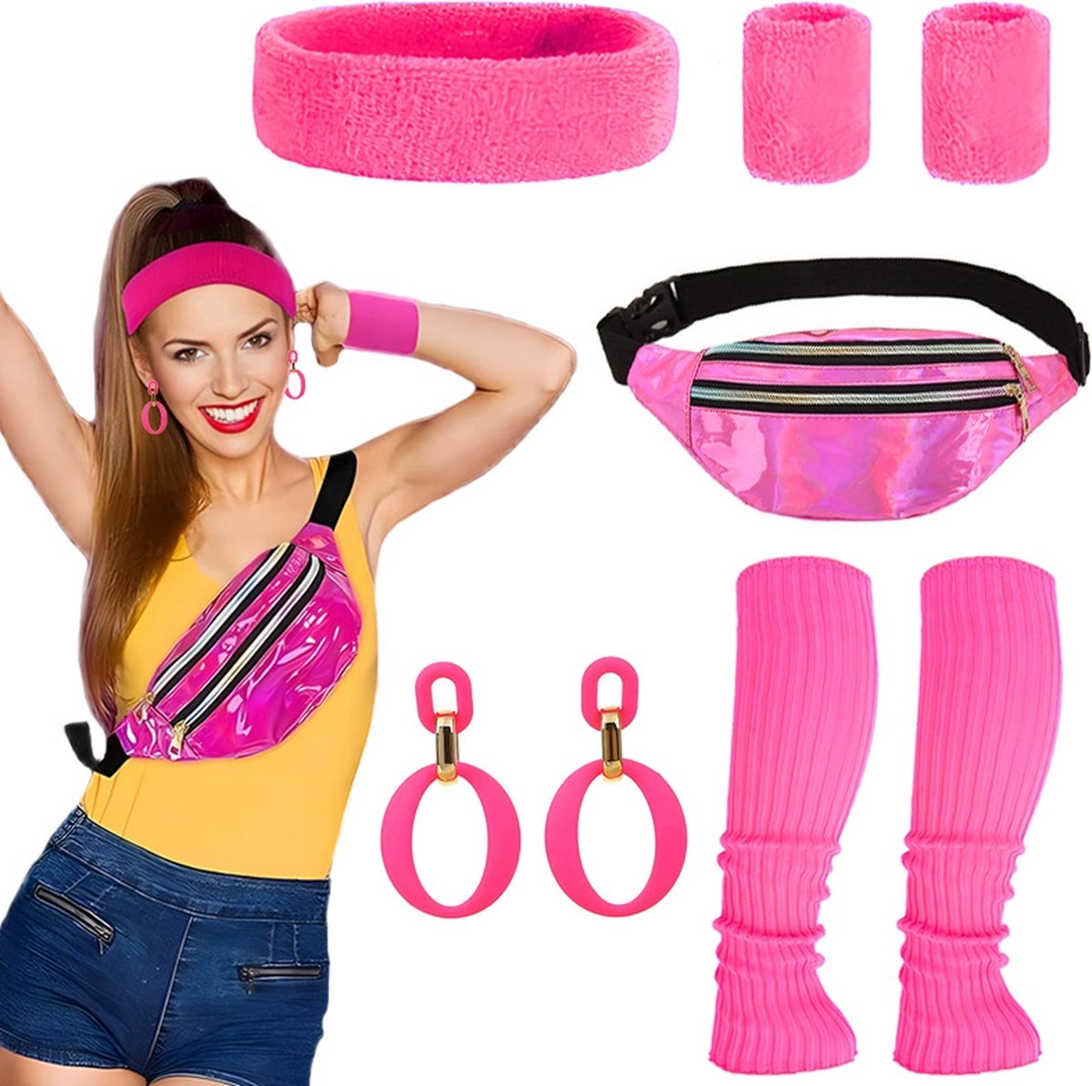 Costume Années 80-90 Pour Femme – 22 Pièces Fluo – T-shirt, Jambières, Bandeau, Gants Résille, Bijoux