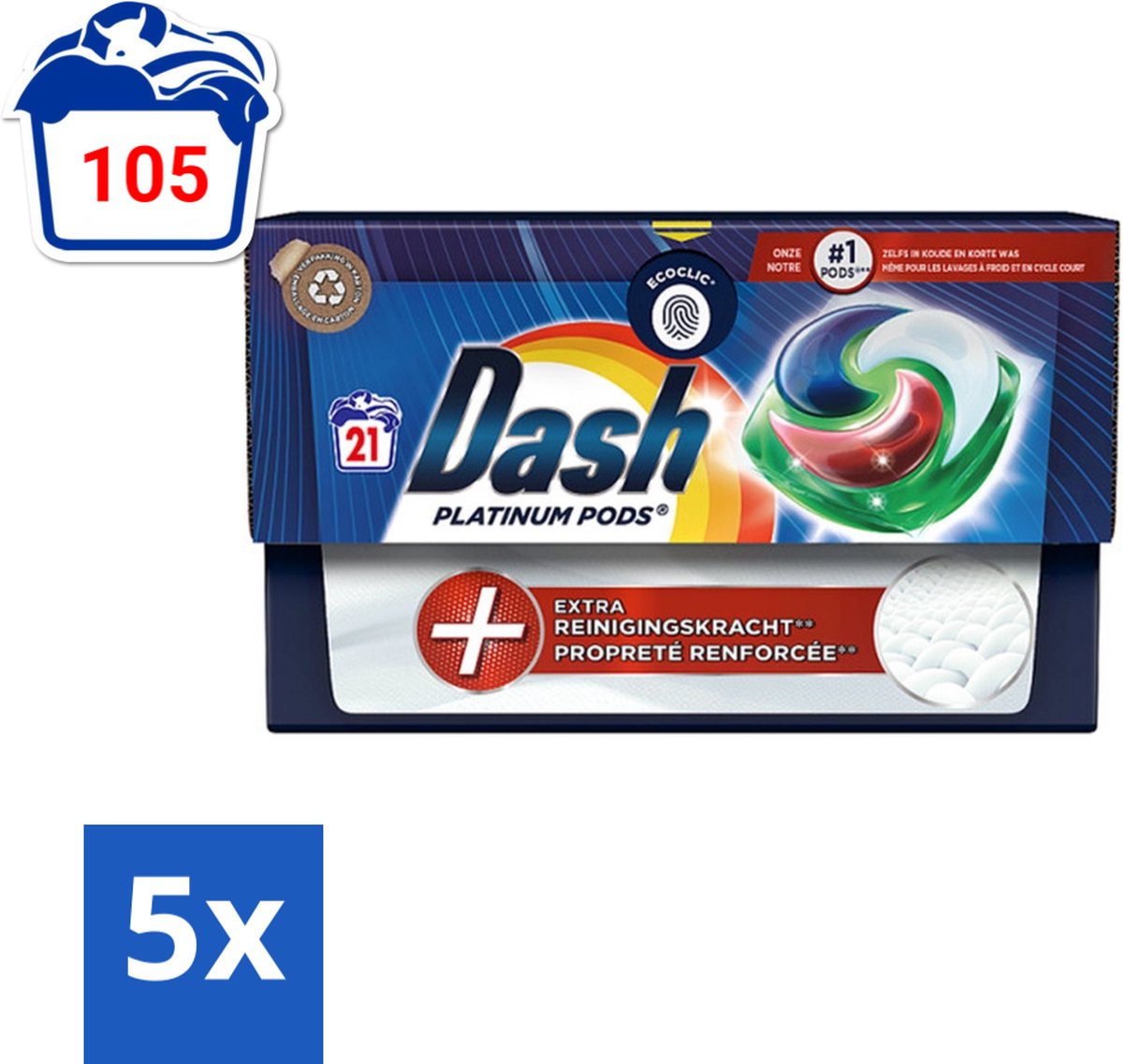 Dash Platinum - Wasmiddel Capsules - Witte en Gekleurde Was - 21 Wasbeurten - Bulkverpakking - 5 stuks