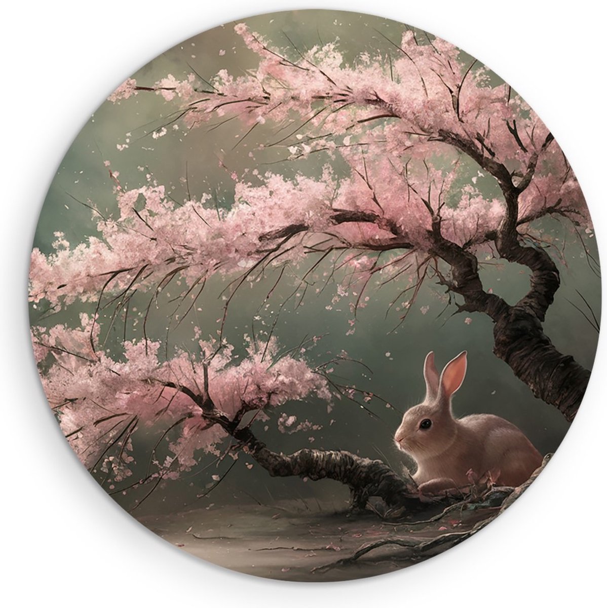 Saammp Muurcirkel Hout - Haas bij roze boom - Landschap - Natuur - Ø 40 - Wandcirkel - Wanddecoratie Cirkel - Muurdecoratie Woonkamer - Slaapkamer decoratie - Rond Schilderij