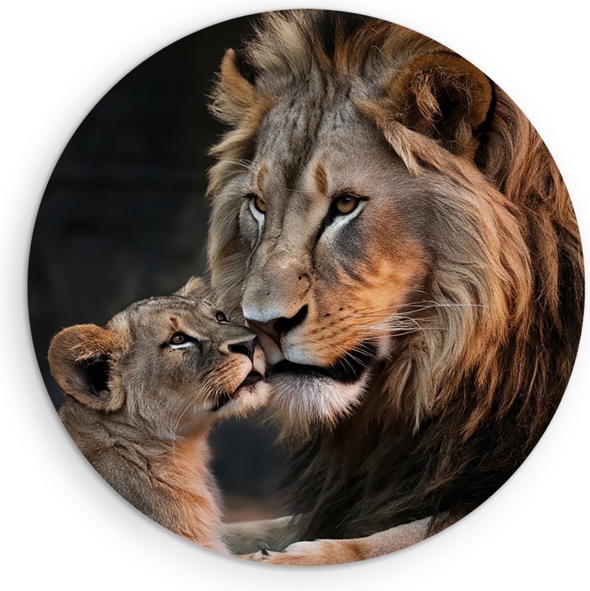 Saammp Muurcirkel Hout - Leeuw met welp - Dieren - Natuur - Ø 40 - Wandcirkel - Wanddecoratie Cirkel - Muurdecoratie Woonkamer - Slaapkamer decoratie - Rond Schilderij