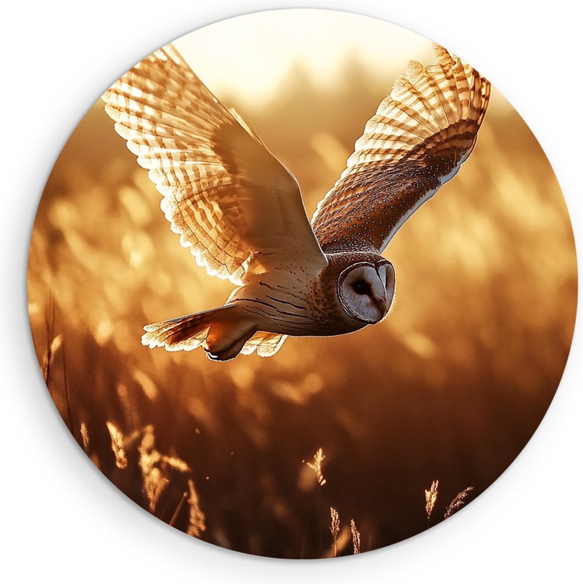 Saammp Forex Muurcirkel - Vliegende Uil - Zonsondergang - Dieren - Ø 50 - Wandcirkel - Wanddecoratie Cirkel - muurdecoratie Woonkamer - Slaapkamer decoratie - Rond Schilderij