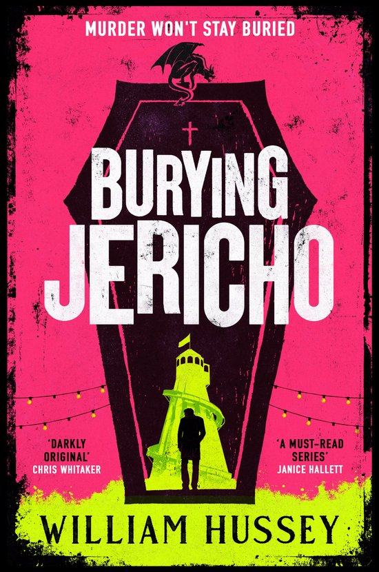 Boekcover met de titel 'Burying Jericho'. Een roze achtergrond met een zwarte kist met de titel erop. Een silhouet van een man staat bij de kist. Er staat 'Murder won't stay buried' bovenaan.