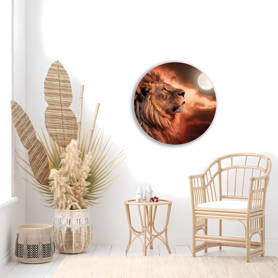 Saammp Forex Muurcirkel - Leeuw met de maan - Dieren - Natuur - Ø 90 - Wandcirkel - Wanddecoratie Cirkel - Muurdecoratie Woonkamer - Slaapkamer decoratie - Rond Schilderij