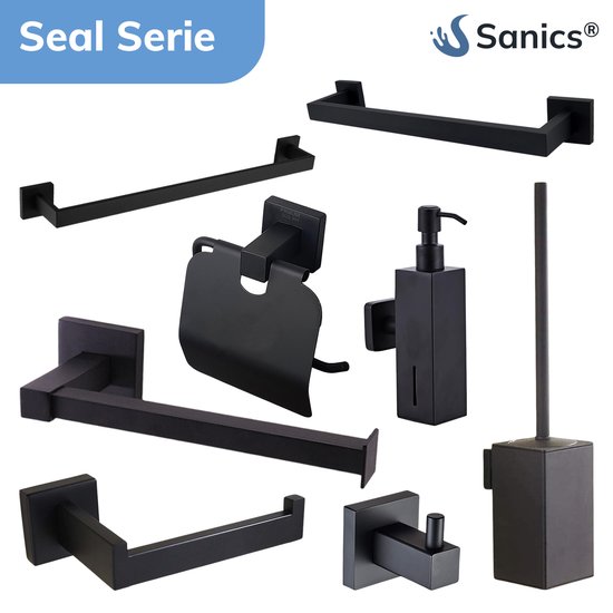 Sanics Seal Porte-rouleau de papier toilette Zwart avec kit de montage - Porte-rouleau de papier toilette en acier inoxydable - Porte- Papier toilette - Porte-rouleau de papier toilette