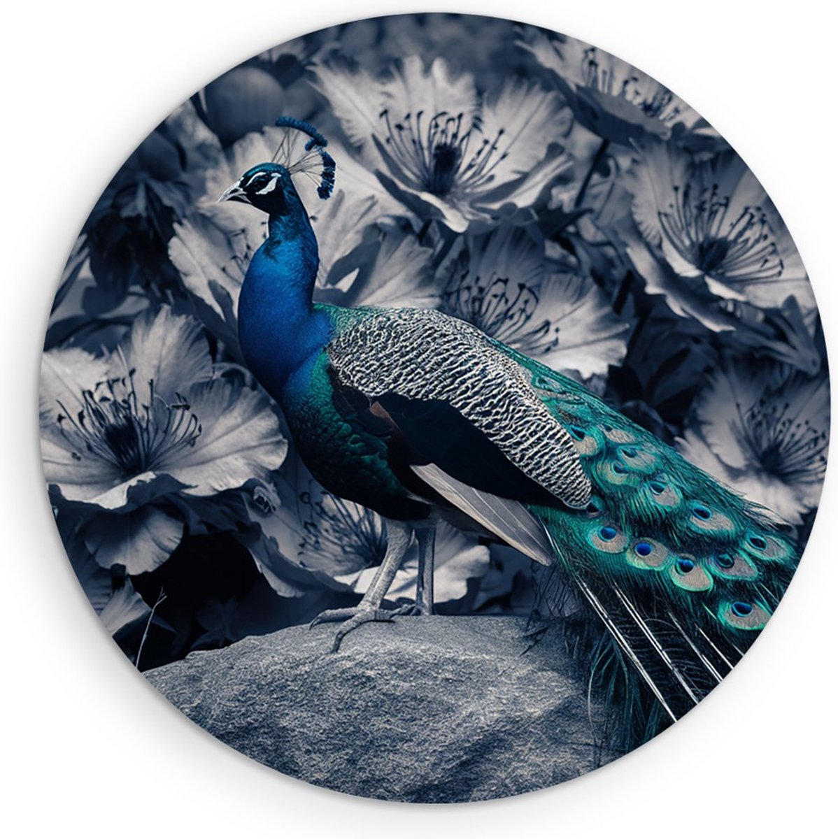 Saammp Muurcirkel Hout - Pauw - Zwart-Wit - Dieren - Bloemen - Ø 30 - Wandcirkel - Wanddecoratie Cirkel - muurdecoratie Woonkamer - Slaapkamer decoratie - Rond Schilderij