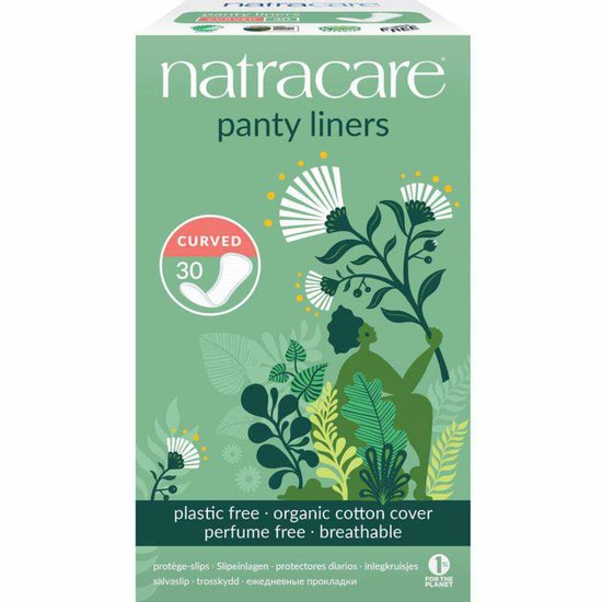 Pak van 30 gebogen Natracare inlegkruisjes, plasticvrij, biologisch katoen, parfumvrij, ademend.