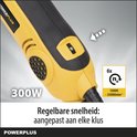 Close-up van gele en zwarte Powerplus deltaschuurmachine. 300W motor, 12000-22000 tr/min. Regelt de snelheid.