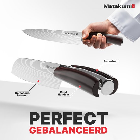 Koksmes met damastpatroon, koolstofstaal, en rond, rozenhouten handvat. "Perfect gebalanceerd".