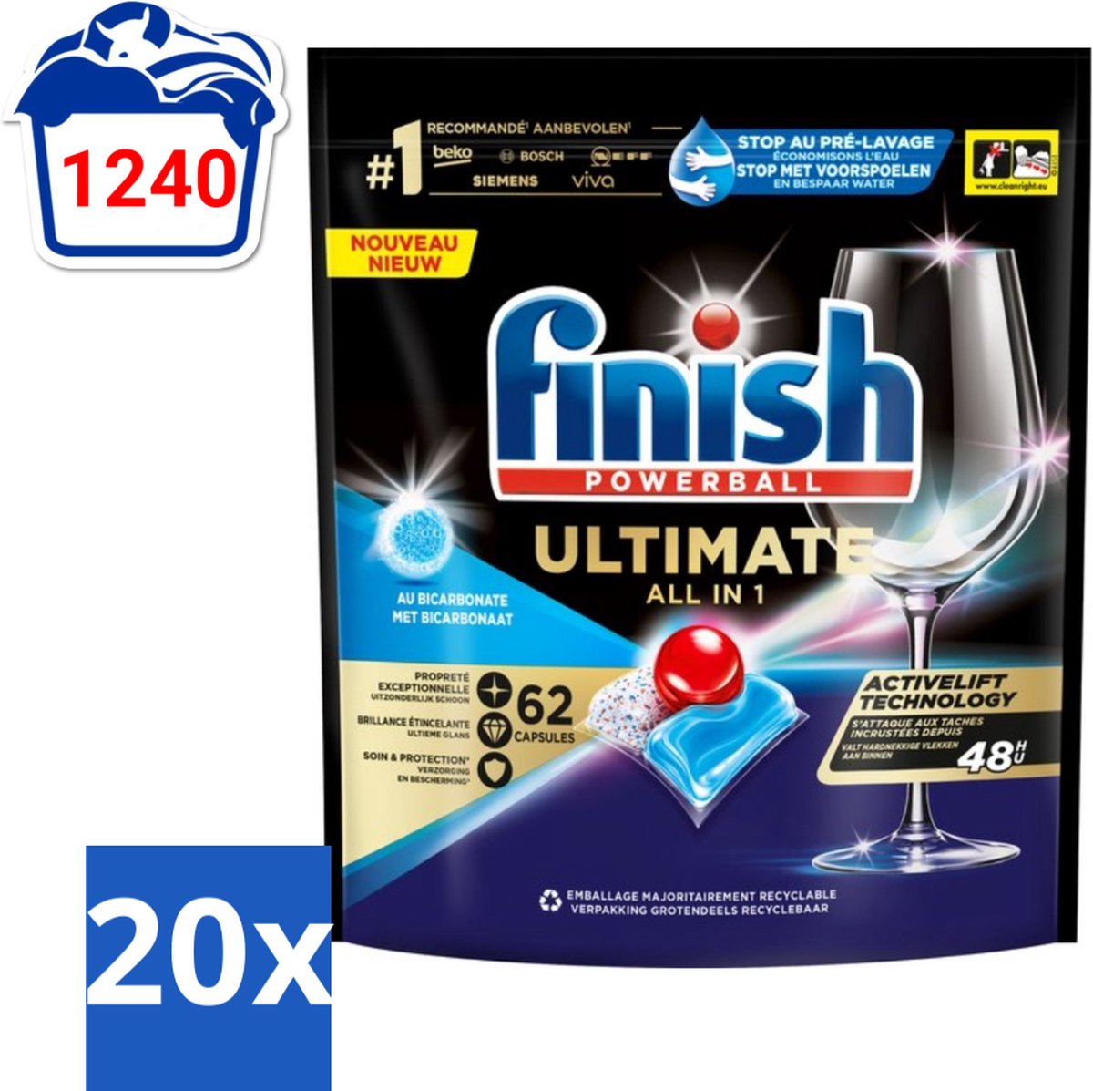 20 x Finish Powerball - Ultimate All in One - Vaatwastabletten - Met Bicarbonaat - 62 Capsules - Vaatwasmiddel - Vaatwascapsules - Glans - Reiniging - Vlekken Verwijderen