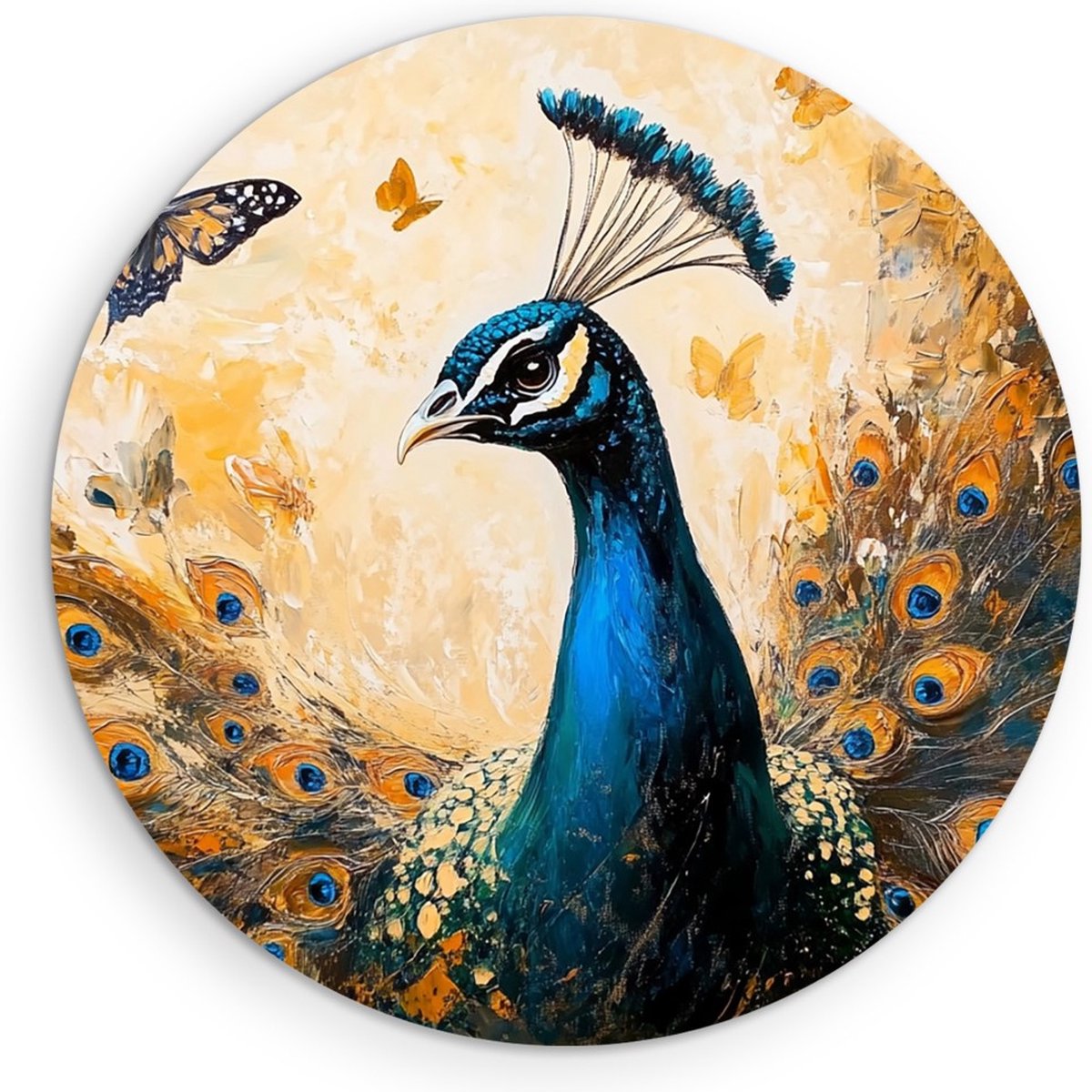 Saammp Muurcirkel Hout - Pauw met Vlinders - Bloemen - Dieren - Natuur - Ø 90 - Wandcirkel - Wanddecoratie Cirkel - muurdecoratie Woonkamer - Slaapkamer decoratie - Rond Schilderij