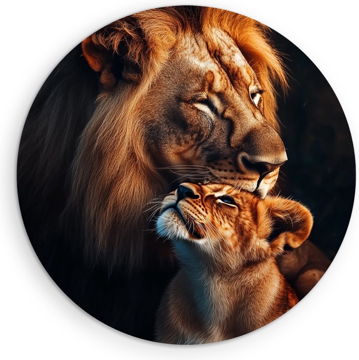 Saammp Muurcirkel Hout - Leeuw en welp zijn liefdevol - Dieren - Natuur - Ø 80 - Wandcirkel - Wanddecoratie Cirkel - Muurdecoratie Woonkamer - Slaapkamer decoratie - Rond Schilderij