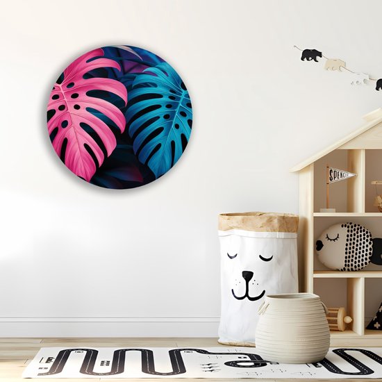Saammp Muurcirkel Hout - Roze Blauwe Bladeren - Landschap - Natuur - Ø 80 - Wandcirkel - Wanddecoratie Cirkel - Muurdecoratie Woonkamer - Slaapkamer decoratie - Rond Schilderij