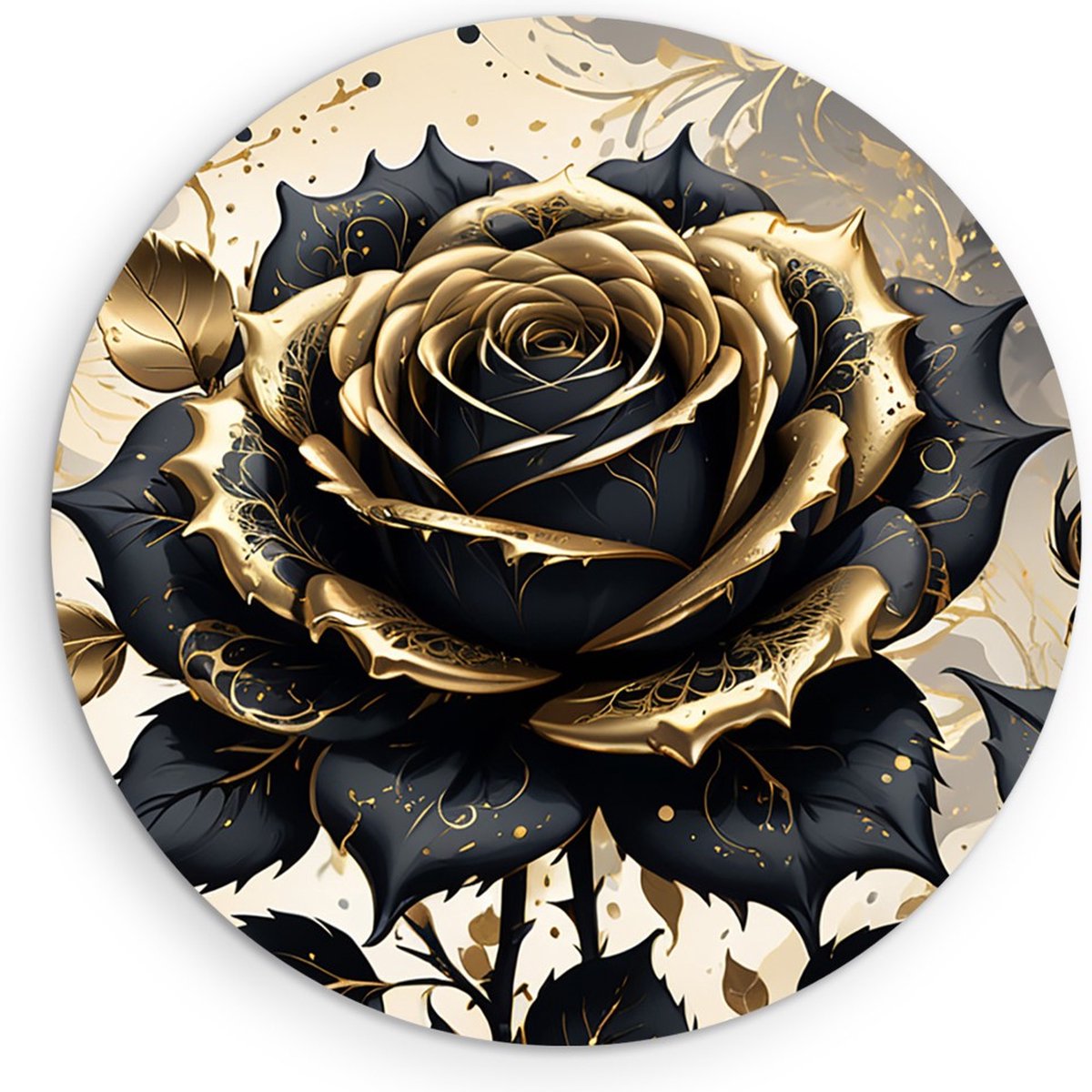 Saammp Muurcirkel Hout - Bloem - Zwart - Goud - Abstract - Ø 80 - Wandcirkel - Wanddecoratie Cirkel - Muurdecoratie Woonkamer - Kantoor Decoratie
